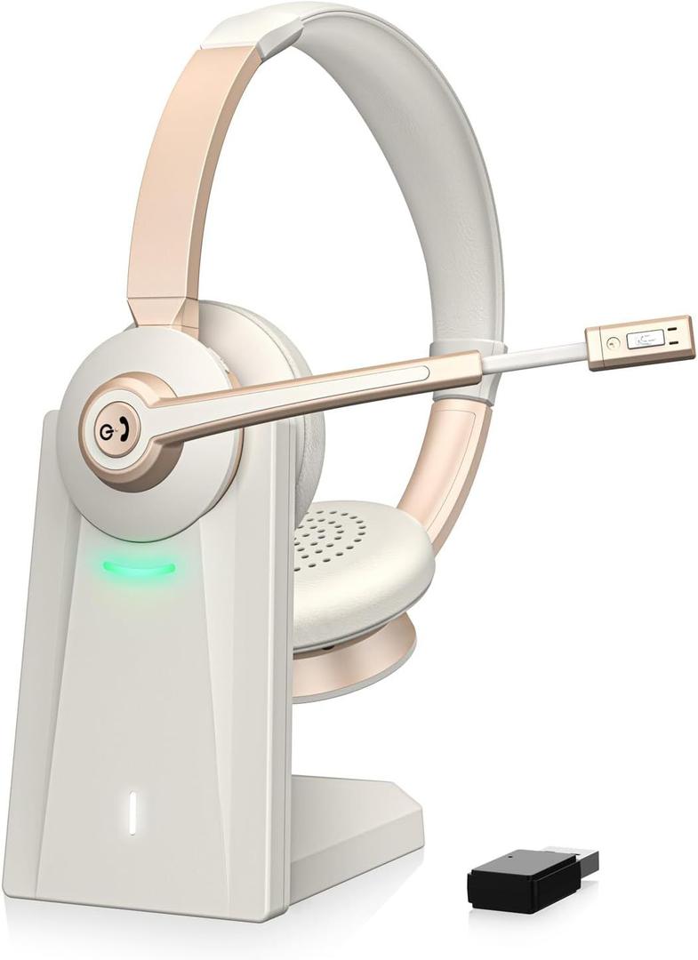 Wireless Headset with Microphone, Bluetooth Headset with Mic AI Noise Canceling & USB Dongle, Wireless Headphones with Mic Mute & Charge Dock for Work PC Computer Phone Office Teams Call