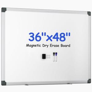 Magnetic White Board Hanging 36" x 48" for Office, Class, Home, Sliver Aluminum Frame, 1 Dry-Erase Eraser, 2 Multicolor Marker, 4 Magnetic Pins, Students, Teachers