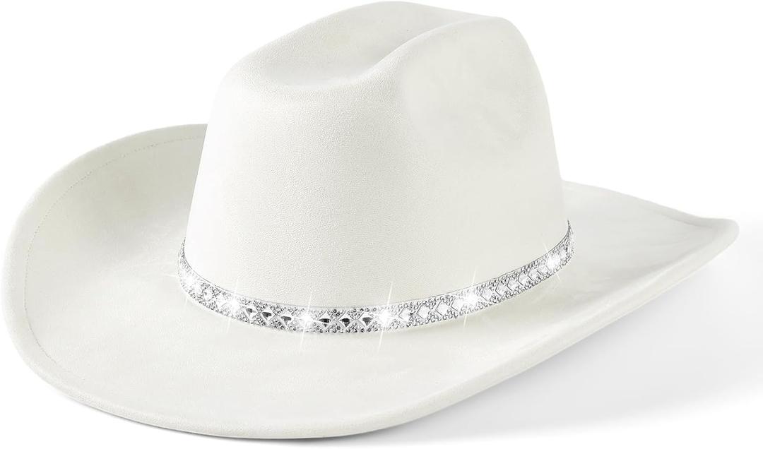 22"-23.2" 100% Suede Western Cowgirl Hat for Women,3.5" Wide Brim,Built-in Elastic Sweatband (Large-X-Large, White)