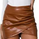 We1Fit Womens Fuax Leather Skirt High Waist Bodycon Mini Asymmetrical Ruched Wrap Skirts with Shorts (Large, Brown)