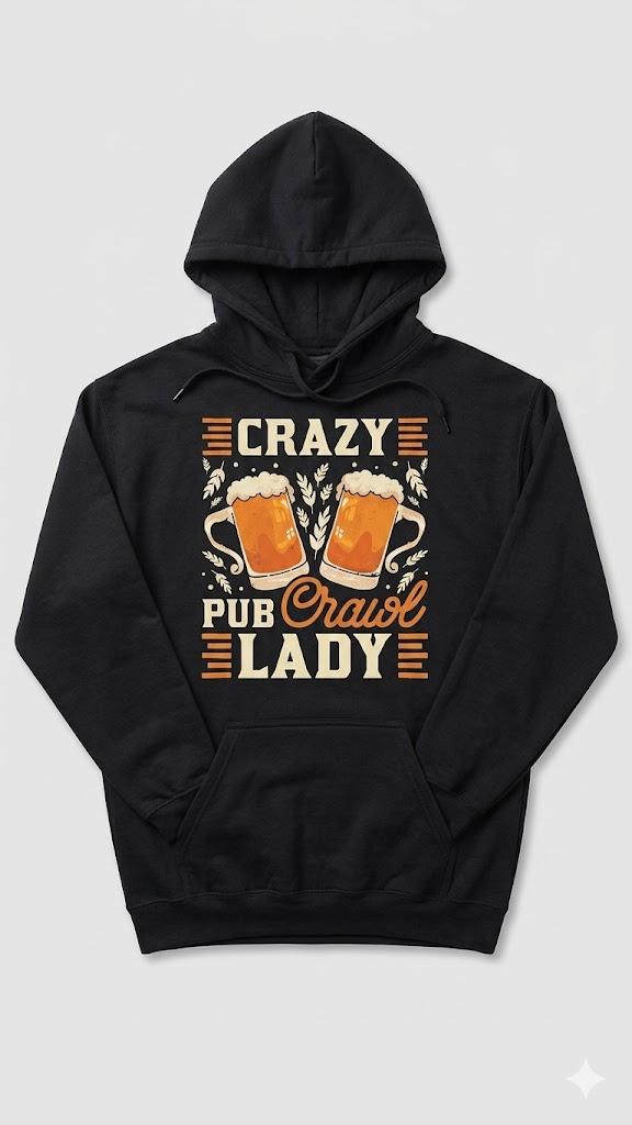 Crazy Pub Crawl Lady, Craft Beer Bar Hopping Pullover Hoodie. Small Size