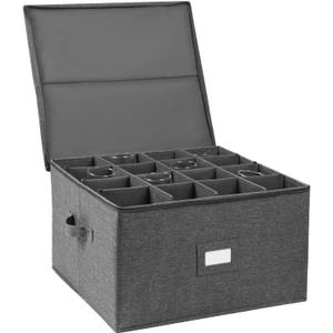 popoly Stemware Storage Cases, Wine Glass Storage Box Containers with Dividers for Glassware or Crystal, Holds 16 Red or White Wine Glasses, Hard Top and Stackable (Grey)