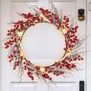 DR.DUDU 22 Inches Lighted Christmas Wreath for Front Door, Battery Operated Red Berry Artificial Wreaths with Light up Snowflakes Ornaments, Christmas Decorations for Home Mantle Holiday Party