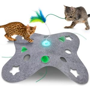 Interactive Cat Toys for Indoor Cats Exercise Toys Spin Feather Wand Tumbler Base, Touch Activate Mode Peek-A-Boo Felt Cover Toy Rechargeable