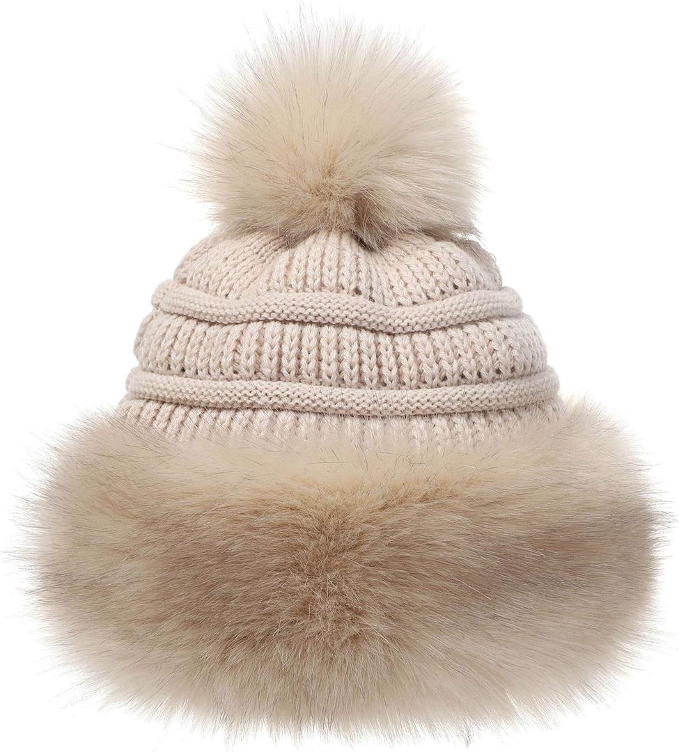 Soul Young Women's Faux Fur Hat Black Russian Cossack Knit Pompom Ski Snow Cap for Winter White (Khaki)