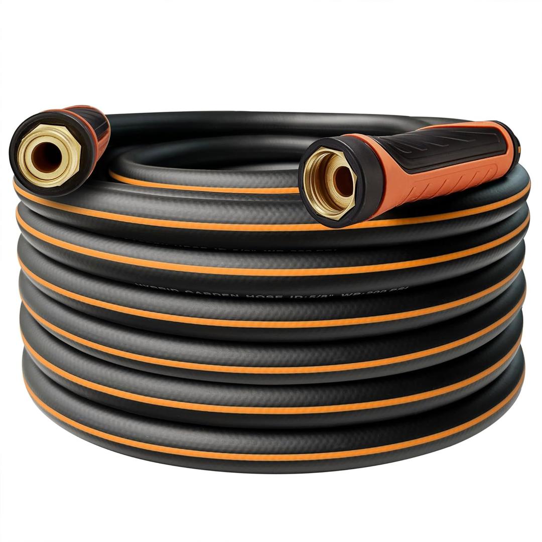 Upgraded Hybrid Garden Hose 50 ft with 360 Rotating Handle, 2025 New Formula Flexible Water Hose 50FT, Lightweight, Durable, Heavy Duty, All-weather, 3/4" Leakproof Solid Brass Fittings (Black Orange)