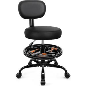 Shop Stool with Wheels for Garage, Mechanics Rolling Chair with Backrest, Adjustable Height Heavy Duty Garage Stool with Footrest and Storage Tray, Swivel Task Chair for Workshop Kitchen Salon (Black)
