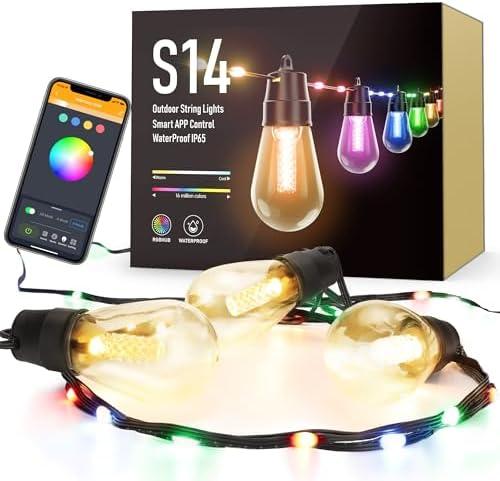Smart Outdoor Patio Lights - 46ft Smart S14 Independence Day String Lights, Waterproof Shatterproof Bluetooth APP Remote Control Dimmable for Balcony, Backyard, Party, Holiday (RGB & Warm White)