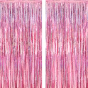 2 Pack Glitter Pink Backdrop, 3.28 FT x 7.05 FT Birthday Party Decorations, Laser Pink Fringe Curtains Foil Streamer Tinsel, Pink Curtains Photo Backdrop Happy Birthday Valentines Day Backdrop
