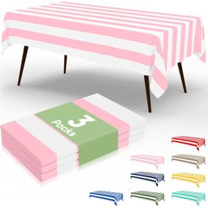 Misaya 3 Packs Striped Disposable Table Cloth, 54 x 108 Inch Waterproof Rectangle Tablecloth, Leakproof & Sturdy Decorative Table Covers for Picnic, Party and Outdoor, Pink and White