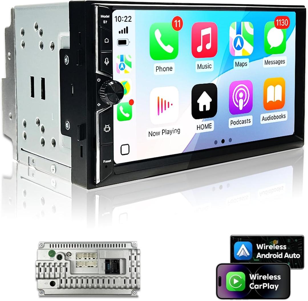 Double Din Car Stereo, 7" QLED Touchscreen 1280720, 2GB RAM 64GB ROM, Wireless CarPlay & Android Auto, Android 9 Quad-Core, Built-in GPS, Bluetooth 5.4, 5G WiFi, Backup Camera Support
