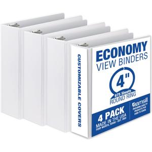 Samsill 4 Inch 3 Ring Binders, Made in USA, Economy Round Ring, Clear View Cover, 675 Sheet Capacity - for School, Home, Office - White, 4 Pack