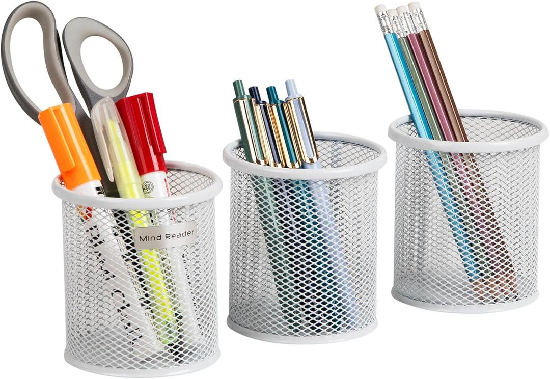 Mind Reader Pen and Accessories Holder, Desktop Organizer, Office, Metal Mesh, 3.5" L x 3.5" W x 3.75" H, Set of 3, White