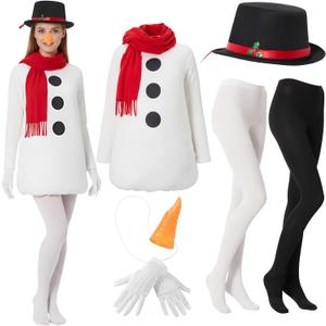 Hillban 7 Pcs Christmas Snowman Costume Kit Women Winter Snowman Costume with Cape Scarf Hat Gloves Carrot Nose Pantyhose (X-Large)
