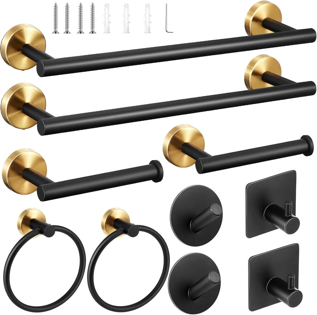 10 Pcs Matte Bathroom Hardware Set SUS304 Bathroom Hanger Set 16 Inch Hand Towel Bar Towel Holder Toilet Paper Holder Angled Hook 2 Robe Towel Hooks Wall Mounted Accessory (Black, Gold)