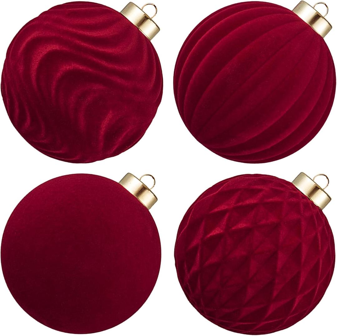 Large Velvet Christmas Ball Ornaments - 4 Inch Flocked Christmas Balls Shatterproof Decorative Hanging Ornaments Set for Xmas Tree Holiday Wedding Party Decor (Burgundy, 4pcs)