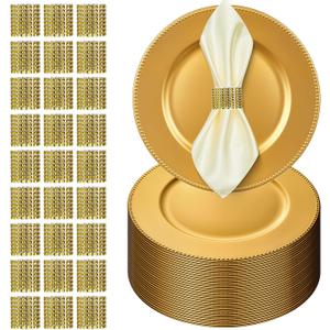 100 Pcs Gold Charger Plates with Napkin Rings Set Include 50 Gold Beaded Charger Plates 50 Napkin Rings, 13 Inch Plastic Round Chargers for Dinner, Wedding, Birthday, Party, Banquet, Table Setting