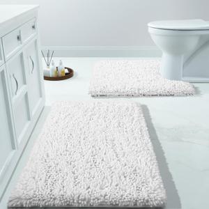 Yimobra Bathroom Rugs Sets 2 Piece, Luxury Shaggy Extra Thick Bathroom Rugs, Plush Non-Slip Mats for Bath Room Floor, U-Shaped Toilet Mat, Ultra Absorbent, 31.5 x 19.8 + 24.4 x 20.4 Inches,White