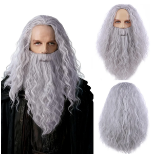 MAGQOO Mens Wig and Beard Long Curly Grey Wig for Boys Cosplay Halloween Costume Wig