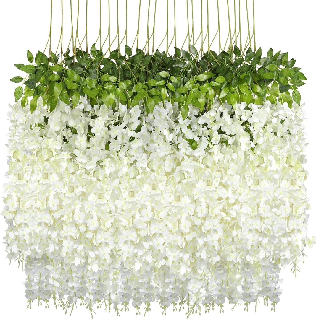 Pauwer Wisteria Hanging Flowers 24 Pack Fake Flower Garland Artificial Wisteria Vines Rattan Silk Flower String Wedding Party Wall Decorations,White