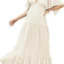 Kikibell Women Summer Dresses Sexy V-Neck Maxi Dress Tiered Silhouette with Flutter Sleeve Backless Elastic Waist Flowy Dress (White, S)