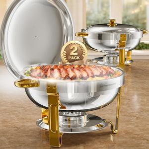 WARMOUNTS Round Chafing Dishes for Buffet (5QT, 2 Pack), Gold Stainless Steel Chafers and Buffet Warmers Sets with Lid Holder, Rolled Rim Process, Stackable Design, for Catering, Parties, Weddings