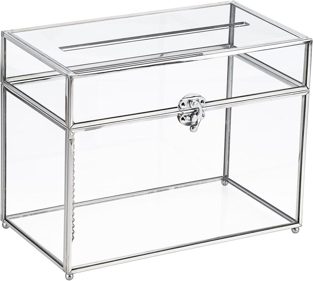 HighFree Glass Card Box, Large Clear Card Box for Wedding Receptions, Decorative Storage Box for Baby Shower, Birthday Party, Bridal Shower (With Slot, Silver)