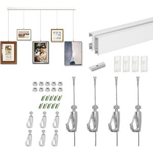 Picture Hanging System Click Rail Kits,- Innovative Art Hanging Rail System Including Two of White Rails 59", Four of Steel Cables, six of Hooks for hanging multiple frames, artwork, pictures, posters