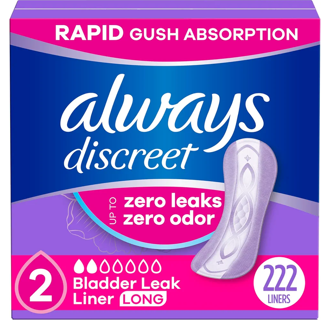 Always Discreet Incontinence Panty Liners for Bladder Leaks, Size 2, Very Light Absorbency, Long Length, 222 Count (2 Packs of 111)