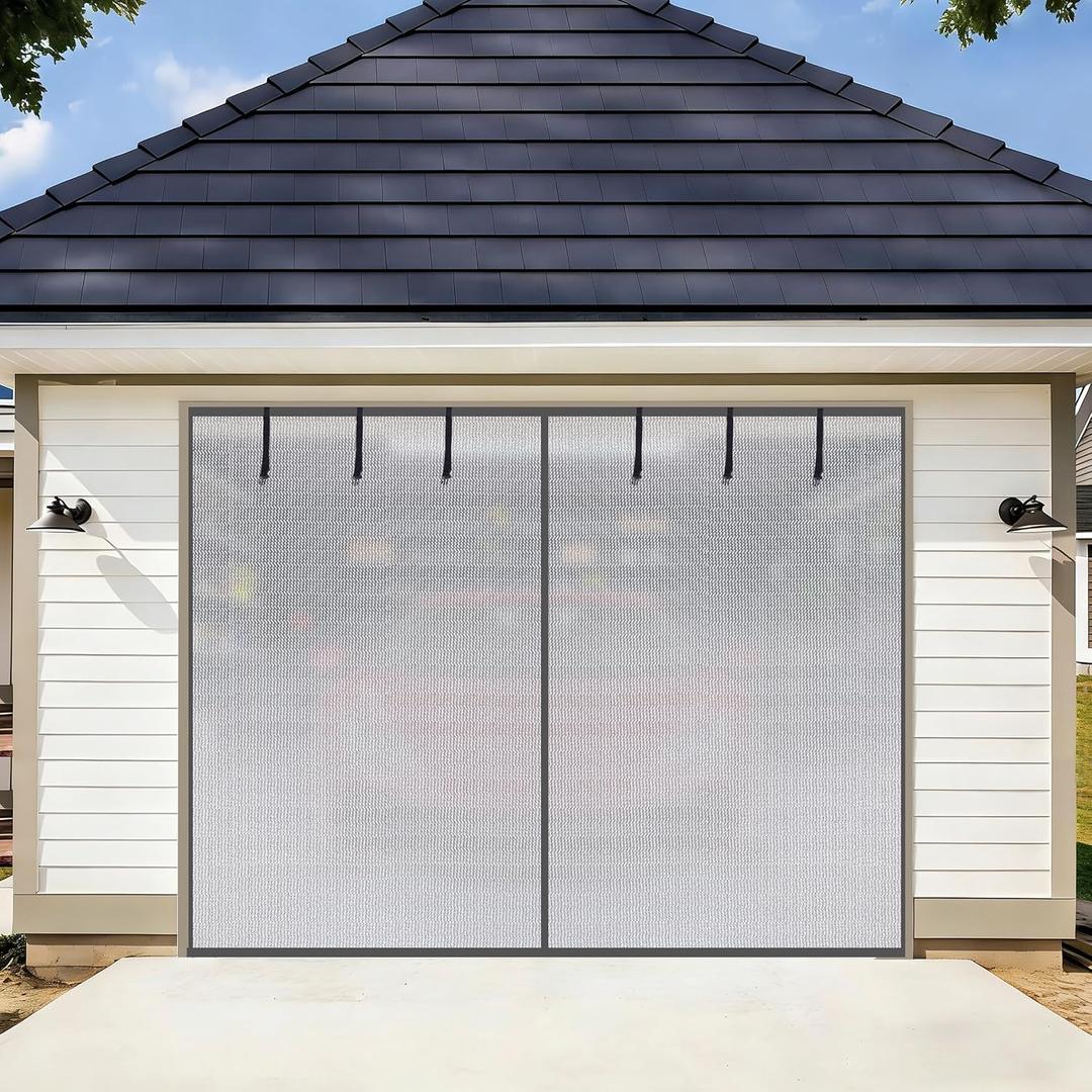 HBlife Privacy Garage Door Screen for 1 Car Garage, 8x7FT Heavy Duty Magnetic Garage Screen Door Mesh, Hands Free Retractable Garage Net Screen with 6 Roll Up Starps and 26 Magnets, Silver Grey