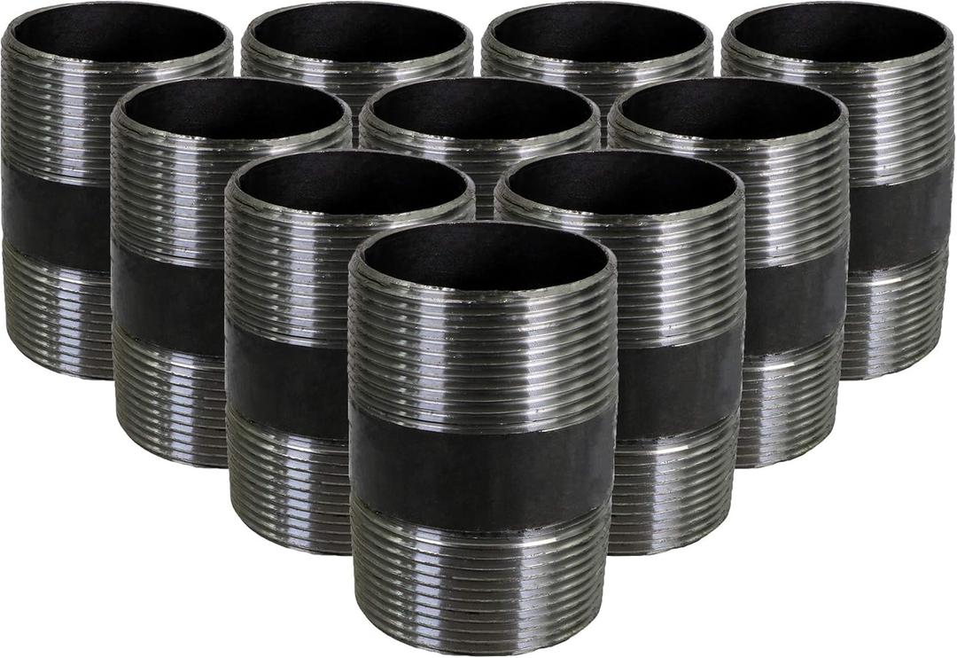 SupplyGiant 3/4 x 1.5 Inch Black Steel Pipe (10-Pack), Heavy Duty Industrial Malleable Iron Pipes, Pre Cut Threaded Nipple Great For All DIY Furniture And Black Pipe Shelving
