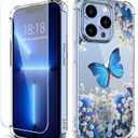 Flower Pattern Designed for iPhone 13 Pro Max Case[with Screen Protector], Floral Clear Women Phone Case Shockproof Protective Soft TPU Bumper Cover 6.7 Inch 2021 (Butterfly/Blue)