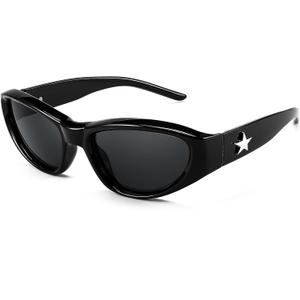 FEISEDY Y2K Wrap Around Fashion Sunglasses for Women Men Trendy Futuristic 2000s Accessories Oval Sunglasses B1088 (Black Frame Grey Lens)