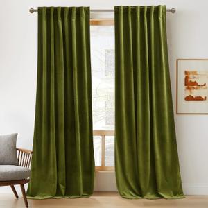 RYB Home Green Curtains 84 inches Long Plush Velvet Curtains, Thermal Insulated Darkening Window Drapes for Living Room Privacy Drapes for Guest Room, W52 x L84, 2 Panels