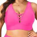 Plus Size Bikini Top Only - Women Swim Bra Lace Up Swimsuit Top V Neck Bathing Suit Tops for Large Bust Swimwear 2025 (Pink) 18W