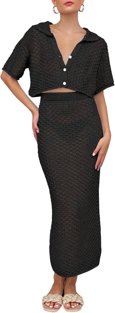 Saodimallsu Women Crochet Beach Cover Up Set Knit Crop Button Short Sleeve Collar Top Bodycon Long Skirt 2 Piece Outfits (Medium, Black)