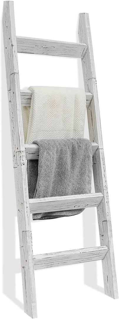 FUIN 5ft Wood Blanket Ladder Living Room Decorative Wall Leaning Farmhouse Quilt Display Holder Storage Wooden Towel Rack for Bathroom, Rustic White (KD Side Rails)