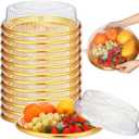 Maxcheck 12 Pack Plastic Serving Platter with Lid, 16 Inch Catering Trays, Heavy Duty Large Gold Serving Party Trays, Elegant Round Banquet for Takeout Food Picnic Spring Outdoor Party Supplies