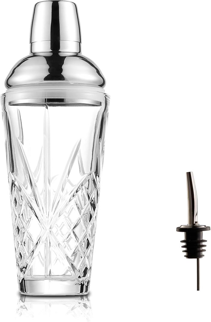 Glass Cocktail Shaker, 18.5oz Cutting Design Glass - Exquisite Martini Shaker for Elevated Mixology. Perfect for Crafting Artisan Cocktails, Martinis (Set of 1xShaker & 1xSilver Pourer)