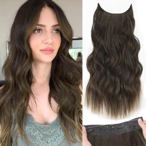KooKaStyle Invisible Wire Hair Extensions with Transparent Headband Adjustable Size 4 Secure Clips Long Wavy Secret Wire Hairpiece 16 Inch Dark Walnut Brown for Women
