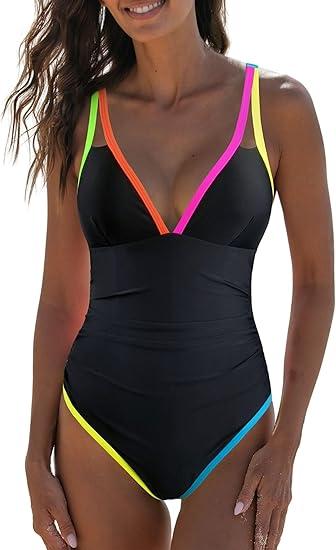 popvil Women's One Piece 2025 Tummy Control Swimsuits Neon Color Block Swimwear Deep V Neck Slimming Bathing Suit, XL, Black
