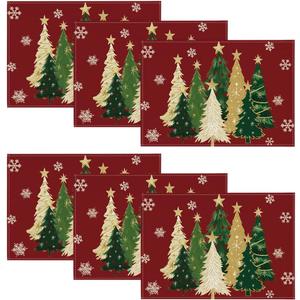 Artoid Mode Xmas Trees Snowflakes Winter Placemats Set of 6, 12x18 Inch Seasonal Red Christmas Table Mats for Party Kitchen Dining Decoration