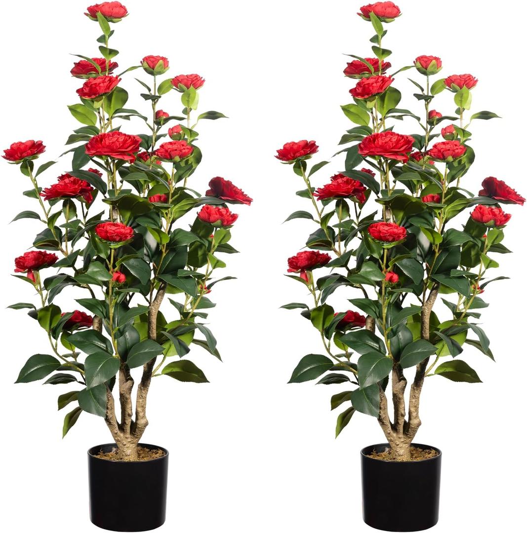 Romantic Season 2Pack Artificial Camellia Tree, 3FT, Red Faux Camellia Plant, Fake Potted Flower Tree for Modern Homes