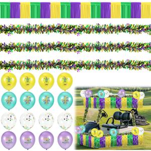 Mardi Gras Golf Cart Decoration Set - Purple Green Gold Tinsel Curtain, Tinsel Garland & Mardi Gras Themed Latex 12 Balloons for Carnival Parade Holiday Outdoor Party Supplies