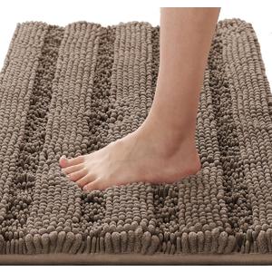 H.VERSAILTEX Bathroom Rugs Bath Rugs for Bathroom Non Slip Bath Mats Extra Thick Chenille Striped Rug 17" x 24" Absorbent Soft Shaggy Washable Dry Fast Bath Mats for Bathroom Floor - Taupe Brown