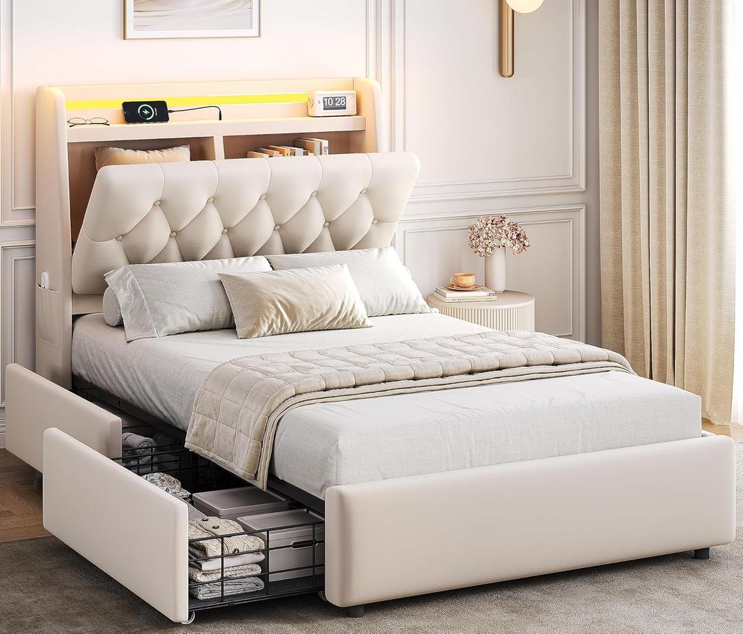 Twin LED Velvet Bed Frame with 2 Storage Drawers&Hidden Headboard, Upholstered Platform Bed with Charging Station&Button Tufted Design, Wooden Slats Support, Box Spring Optional, Easy Assembly, Beige