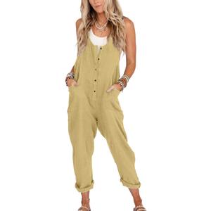 Yeokou Womens Overalls Linen Cotton Jumpsuits Loose Casual Jumpers with Pockets (M)