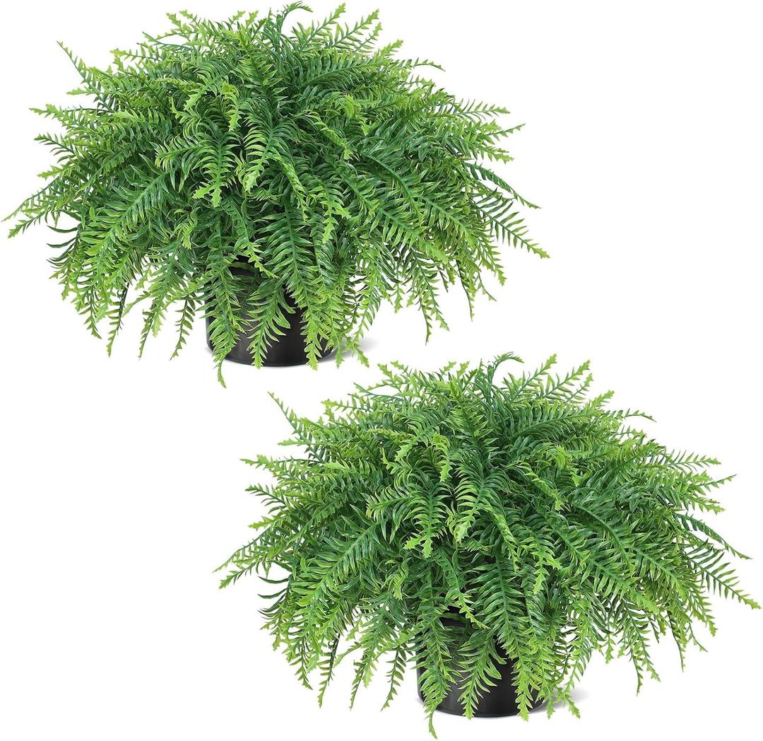 21" Artificial Ferns Plants Topiary - 2 Set for Front Porch Decoration,Fake Boston Fern Potted Plants Faux Greenery Bush UV Resistant for Outdoor Indoor Door Garden Farmhouse Home Decor (Green)