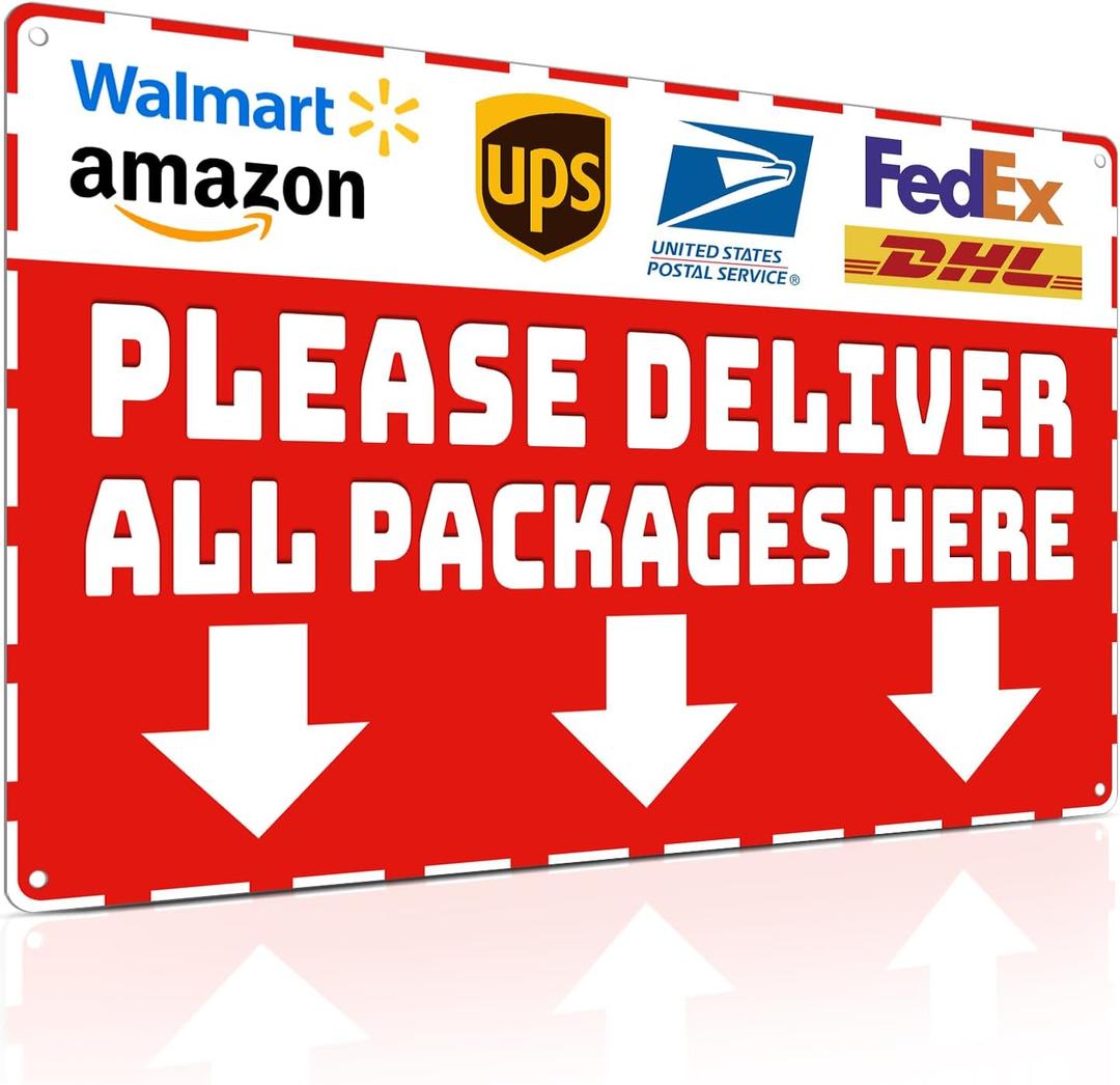 Piemow Package Delivery Metal Sign, Please Deliver All Packages Here, Waterproof & Rustproof Red Aluminum Delivery Instructions for Box House Yard Front Door Outdoor Home Use 812 Inch