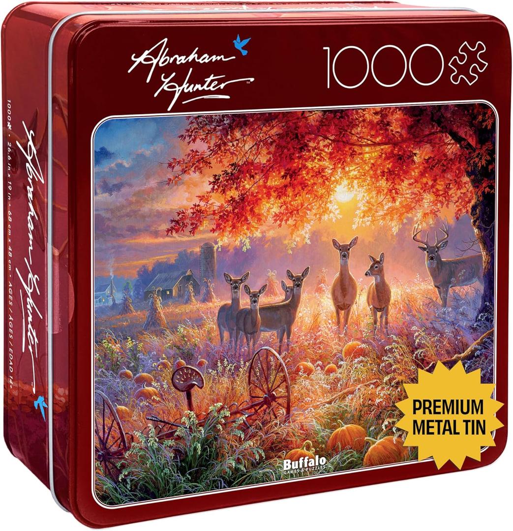 Buffalo Games Abraham Hunter Deer Scene 1000 Piece Jigsaw Puzzle - Collector's Tin, 26.6 x 19 in, Ages 14+ - Precision-Cut Pieces - Poster Included - Nature Puzzle for Adults